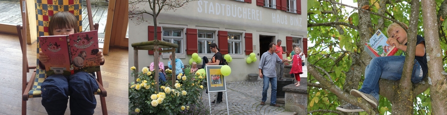 Aneinander gereite Fotos: Lesendes Kind im Liegestuhl, Außenansicht der Bücherei und lesendes Kind sitzend in einem Baum