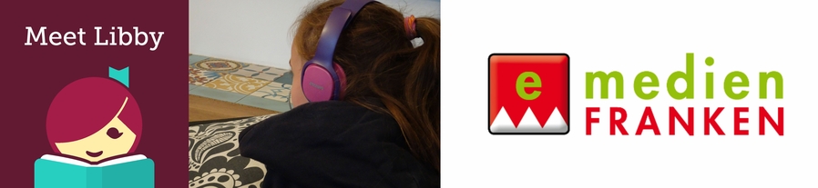 Symbole der Onleihe und Kind mit Kopfhörern