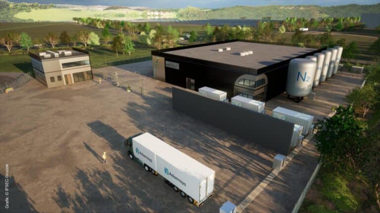 Feuchtwangen setzt auf die Zukunftstechnologie Wasserstoff und plant aktuell mithilfe eines digitalen Zwillings den für Feuchtwangen optimalen Betrieb eines Elektrolyseurs. Die Darstellung zeigt beispielhaft, wie die Wasserstoffproduktionsanlage in Feuchtwangen aussehen könnte. (Grafik: © IFSEC Gruppe)