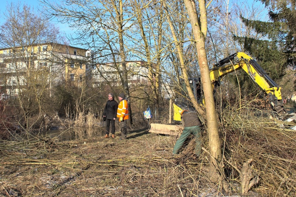 Vergangene Woche entfernte die Stadt Feuchtwangen kaputte und umgeknickte Bäume sowie dichte Verbuschungen entlang des Sulzachufers. Anlässlich dessen informierte Bürgermeister Patrick Ruh mit Stadtgärtner Christian Haag (v.l.) über bereits umgesetzte sowie geplante Maßnahmen im Rahmen des Hochwasserschutzkonzeptes.